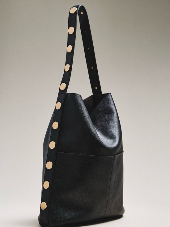 Anthropologie Handbags - Anthropologie Black Leather Tote with Gold Disc Strap